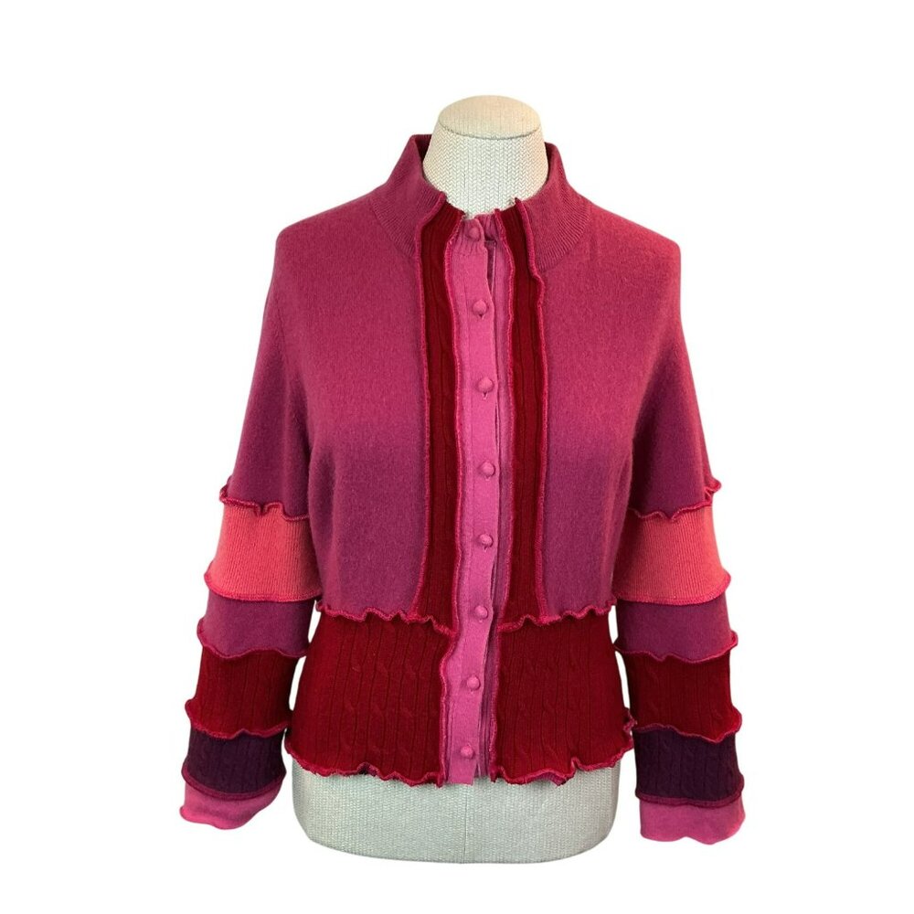 Elle Veve Recycled Wool Blend Button Up Cardigan Womens Red Orange Mauve Ruffle - Picture 2 of 9